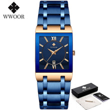 Load image into Gallery viewer, New  Fashion Watches WWOOR Luxury Square Blue Men&#39;s Wristwatch Stainless Steel Waterproof Quartz Clock Male
