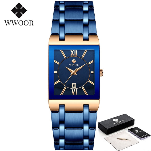 New  Fashion Watches WWOOR Luxury Square Blue Men's Wristwatch Stainless Steel Waterproof Quartz Clock Male