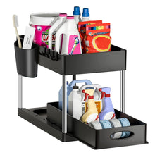 Load image into Gallery viewer, 2 Tier Under Sink Organizer Sliding Cabinet Basket Organizer Storage Rack with Hooks Hanging Cup Bathroom Kitchen Organizer
