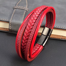 Load image into Gallery viewer, New Red Braided Leather Men Bracelet Classic Hand-woven Magnetic Buckle Multi-layer Leather Bracelet For Men Jewelry Gift
