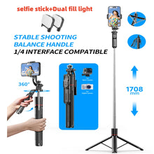 Load image into Gallery viewer, MEUYAG Selfie Stick Tripod with 1708mm Long Monopod Fill Light, Bluetooth Remote, 360° Rotation, 1/4 Interface, for mobile phone
