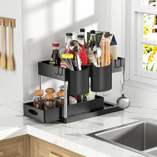 Load image into Gallery viewer, 2 Tier Under Sink Organizer Sliding Cabinet Basket Organizer Storage Rack with Hooks Hanging Cup Bathroom Kitchen Organizer
