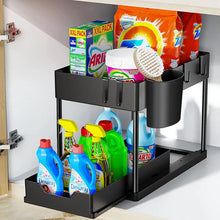 Load image into Gallery viewer, 2 Tier Under Sink Organizer Sliding Cabinet Basket Organizer Storage Rack with Hooks Hanging Cup Bathroom Kitchen Organizer
