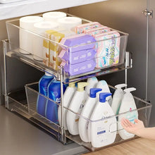 Load image into Gallery viewer, Under Sink Spice Organizers 2 Tier Clear Bathroom Container Plastic Transparent Storage Bins Kitchen Pull-Out Pantry Shelf Rack
