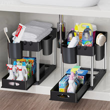 Load image into Gallery viewer, 2 Tier Under Sink Organizer Sliding Cabinet Basket Organizer Storage Rack with Hooks Hanging Cup Bathroom Kitchen Organizer
