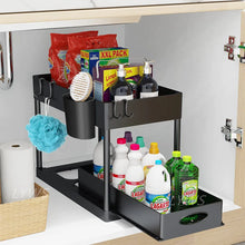 Load image into Gallery viewer, 2 Tier Under Sink Organizer Sliding Cabinet Basket Organizer Storage Rack with Hooks Hanging Cup Bathroom Kitchen Organizer
