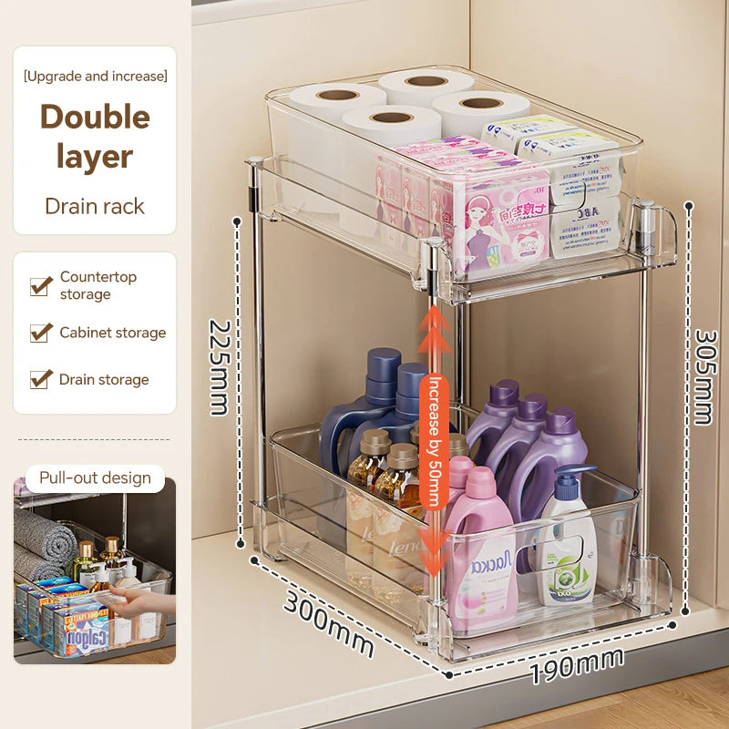Under Sink Spice Organizers 2 Tier Clear Bathroom Container Plastic Transparent Storage Bins Kitchen Pull-Out Pantry Shelf Rack