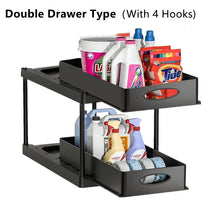 Load image into Gallery viewer, 2 Tier Under Sink Organizer Sliding Cabinet Basket Organizer Storage Rack with Hooks Hanging Cup Bathroom Kitchen Organizer
