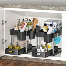 Load image into Gallery viewer, 2 Tier Under Sink Organizer Sliding Cabinet Basket Organizer Storage Rack with Hooks Hanging Cup Bathroom Kitchen Organizer
