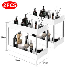 Load image into Gallery viewer, 2 Tier Under Sink Organizer Sliding Cabinet Basket Organizer Storage Rack with Hooks Hanging Cup Bathroom Kitchen Organizer
