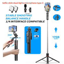 Load image into Gallery viewer, MEUYAG Selfie Stick Tripod with 1708mm Long Monopod Fill Light, Bluetooth Remote, 360° Rotation, 1/4 Interface, for mobile phone
